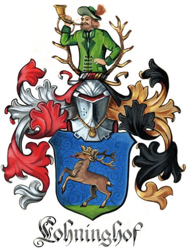 Wappen des Lohninghofs mit einem Jäger und einem aufgestellten Hirsch.